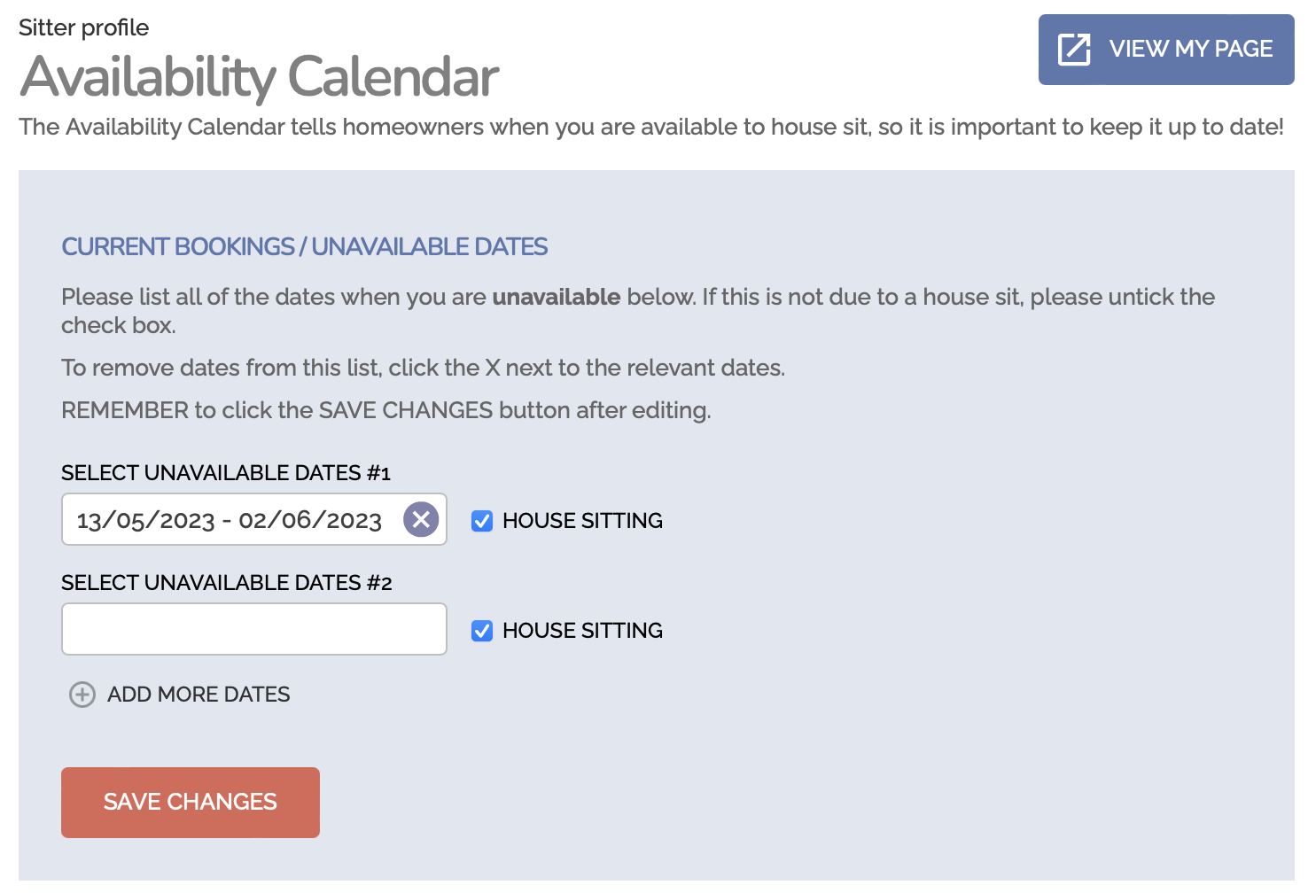 Picture of Availability Calendar for house sitters showing where they can enter their dates to show when they are booked and not available for house sitting jobs. 